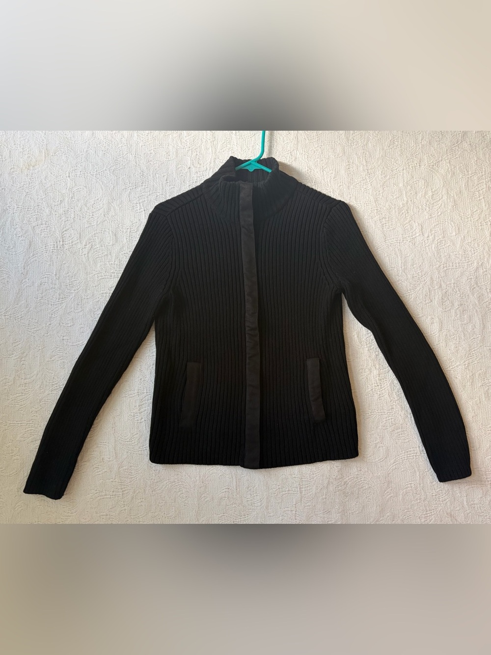 Lauren Ralph Lauren Women Black Ribbed Knit Zip Up Cardigan Sweater Jacket M